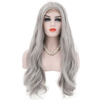 

RONGDUOYI Synthetic Grey Long Wavy Lace Front Wigs for Women Heat Friendly Fiber Body Wave Hair Replacement Wig Daily Wear