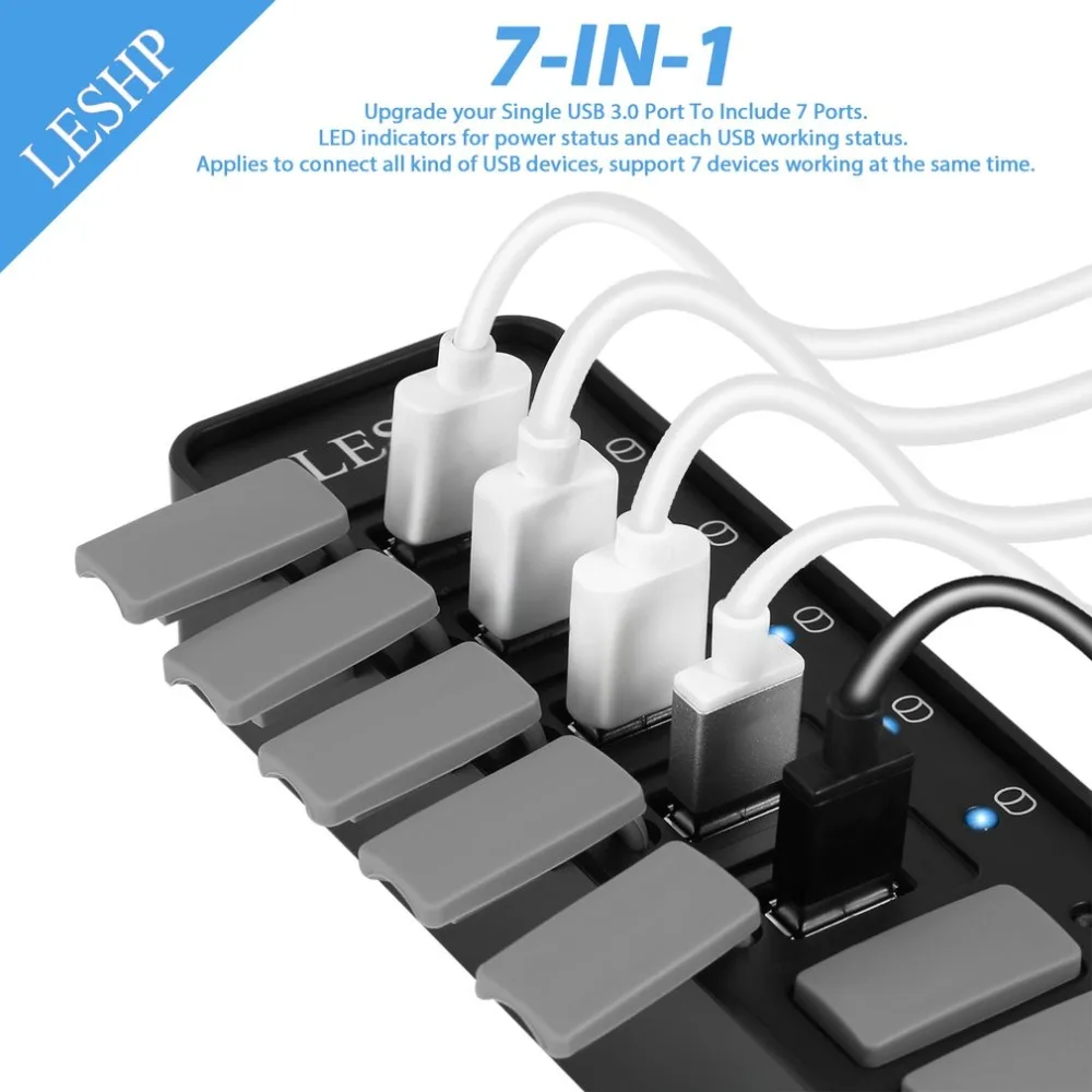 7 портов USB 3,0 концентратор Высокоскоростной 5 Гбит/с USB 3,0 концентратор данных сплиттер со светодиодами и переключателем внешний адаптер питания для ПК ноутбука