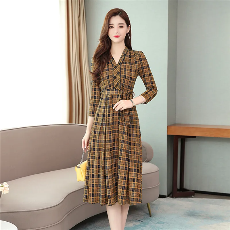 Vintage Female Red Plaid Midi Dresses Autumn Winter New 3XL Plus Size Solid Long Sleeve Dress Elegant Women Party Vestidos