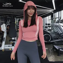 Новые Цветные Лоскутные женские рубашки для йоги в стиле русалки с длинным рукавом, облегающий укороченный топ для фитнеса, женские спортивные футболки с капюшоном