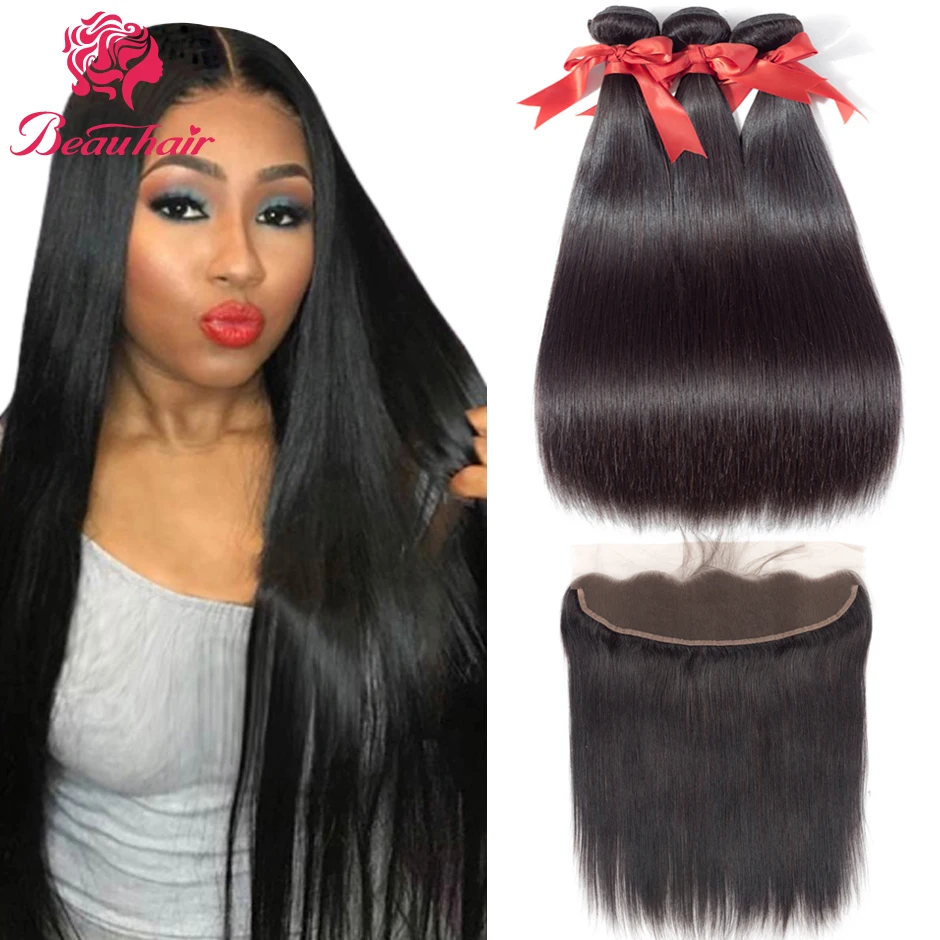 

Brazilian Human Hair Weaves Straight Human Hair Bundles With Frontal 60gBundle With 13X4 lace Closure Pre-Plucked With Baby Hair