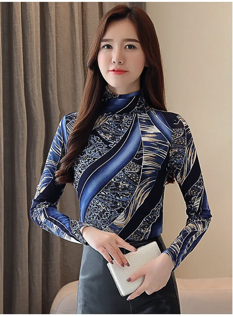 2019 New Winter Turtleneck Blouse Women Vintage Print Tops Female Casual Plus Size Shirt Femme Elegant Long Sleeve Blusas Mujer  (8)