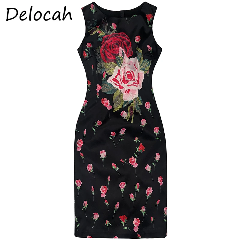 

Delocah Women Autumn Fashion Fashion Designer Party Short Dress Embroidery Sleeveless Rose Floral Print Bodycon Pencil Dresses