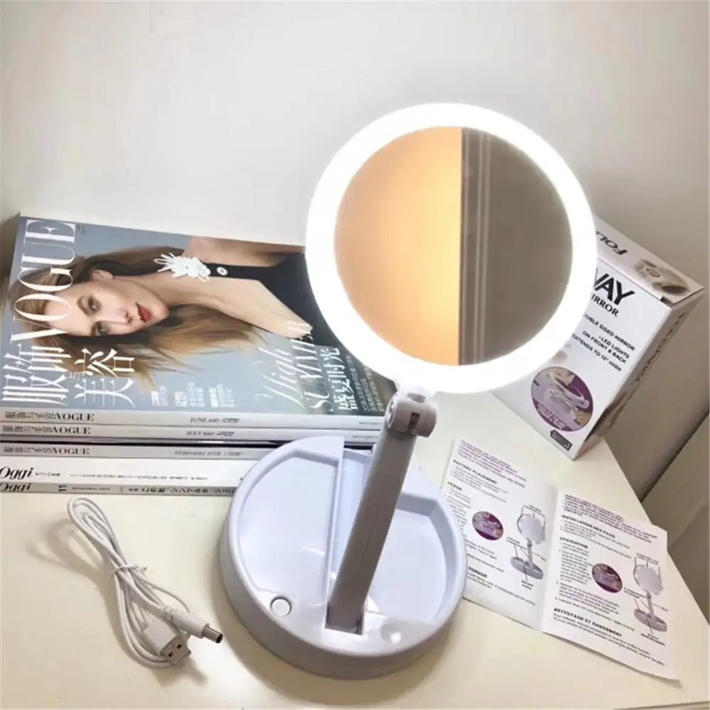 

LED Makeup Mirror Round Shape Desktop Cosmetic Magnifying Mirror USB Folding Double Sided Backlit Mirrors