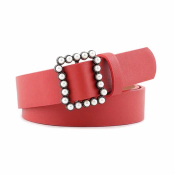 

PU Leather Belt Women's Fashion Wild Solid Color Belt Alloy Square Buckle Inlaid Pearl Decoration Sweet Style Belt Women