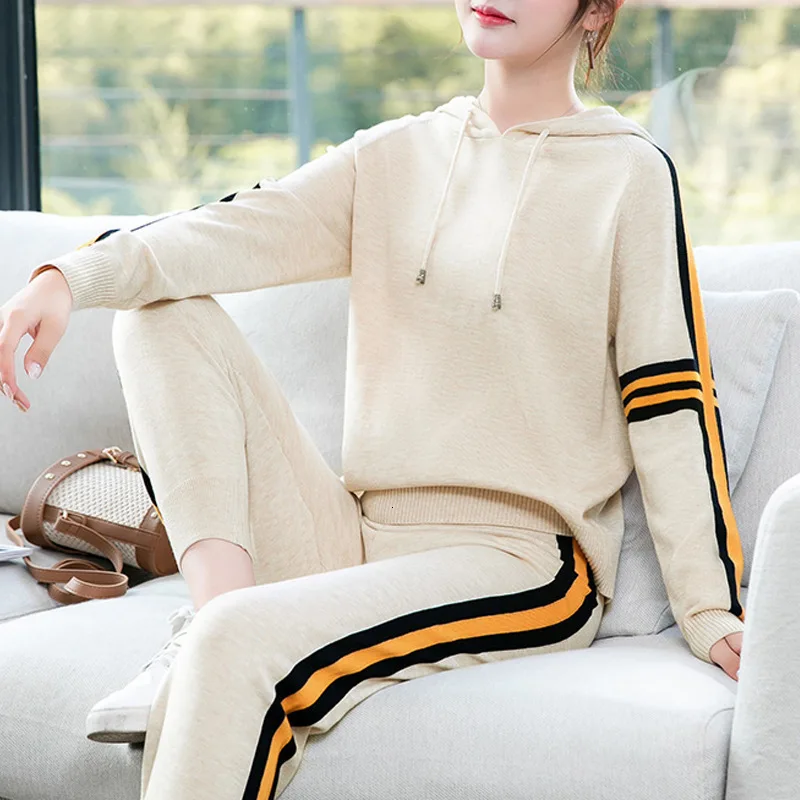 

2 Pieces Set Women Winter Autumn Knitted Tracksuit Sweater Hoodies Warm Knit Pants Clothing Suits Female Pants Suit High Quality