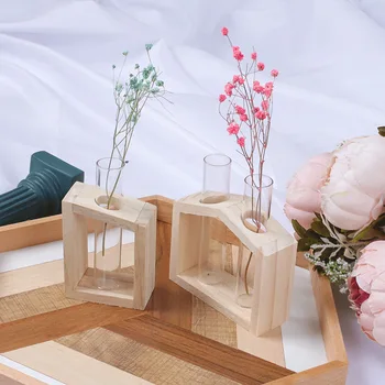 

Crystal Glass Test Tube Vase in Wooden Stand Flower Pots for Hydroponic Plants Home Garden Decoration