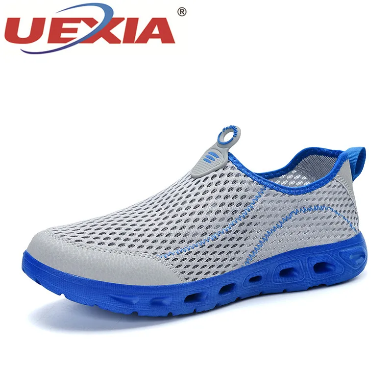 light gray UEXIA дышащие лоферы; летние модные кроссовки с перфорацией; Мужская обувь без шнуровки; Повседневная Удобная легкая обувь на плоской подошве; большие размеры - Цвет: light gray