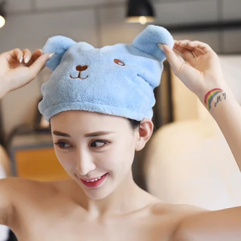 

Shower Cap Soft Thick Strong Absorbent Turban Quick-Drying Shower Cap Coral Velvet Bear Hair Cap
