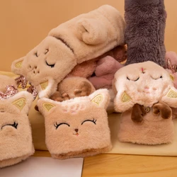 Winter Flip Plush Gloves Half-finger Cartoon Cat Thick Warm Gloves Sweet Cute Warm Cartoon Stylish for Women Girls Mitten