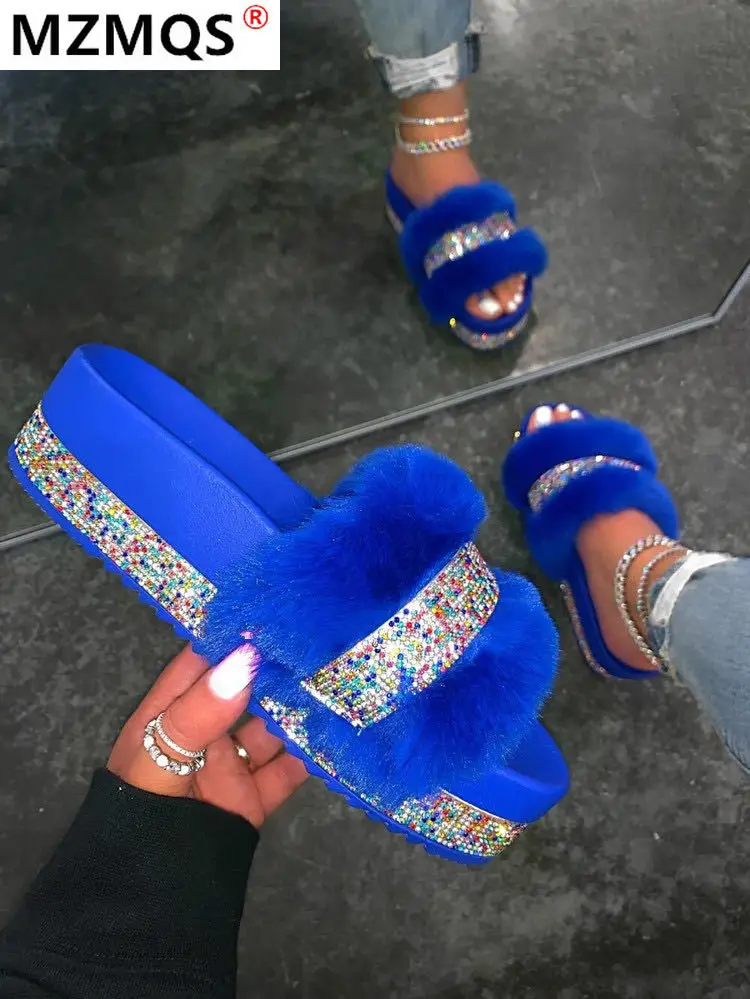

2020 Fashion New Bling Women Plush Slippers Fur Slides Rhinestones Home Flat Women Platform Warm Slippers Casual Slippers Fluffy