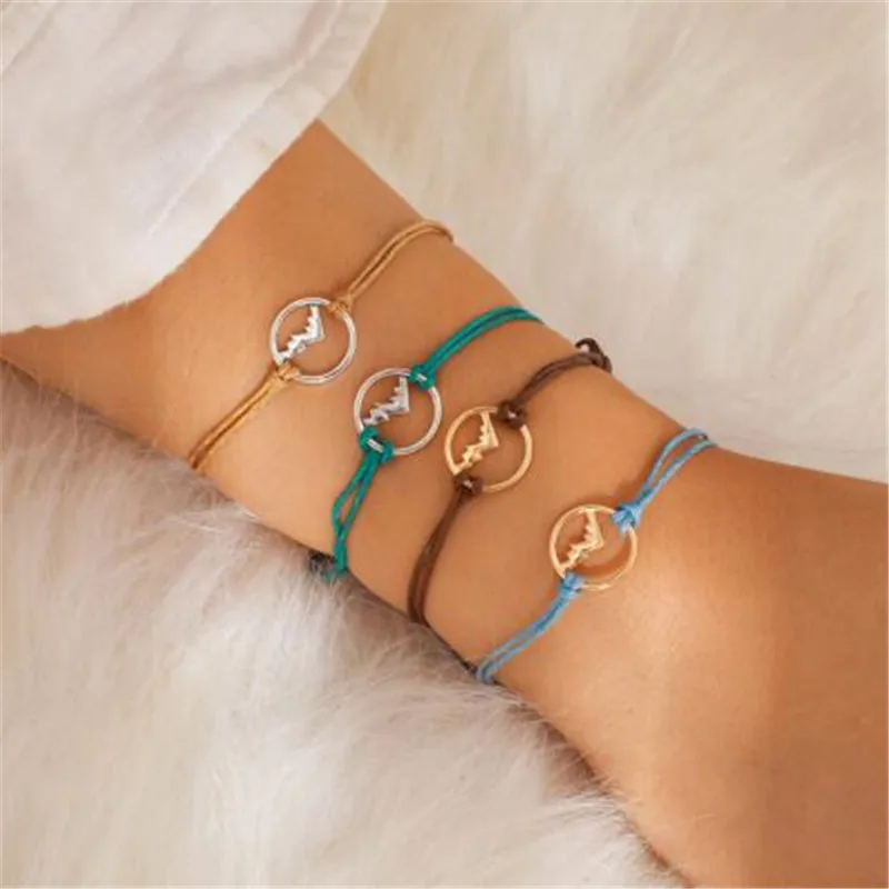 

WKOUD Bohemian Style Geometric Cord Rope Colorful Hollow Tree Mountain Circle Bracelet Unisex Party Jewelry,4PCs/Set