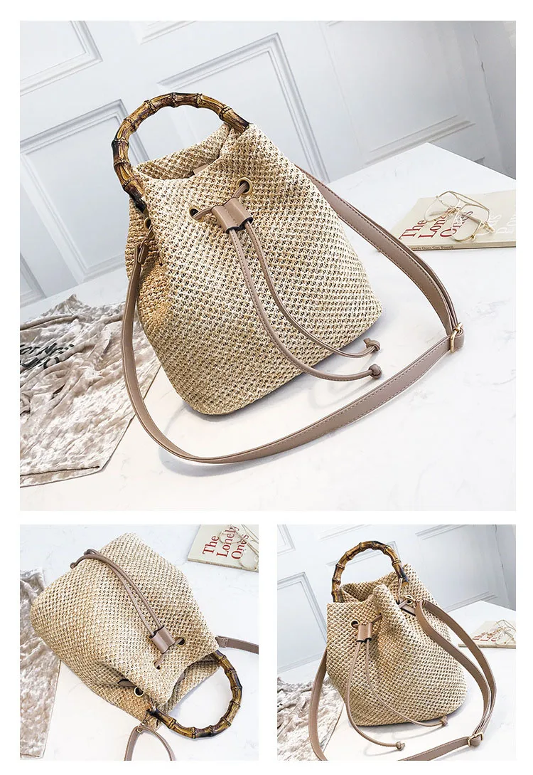 Woven Straw Bucket Bag with Leather Shoulder Strap for Summer 2021
