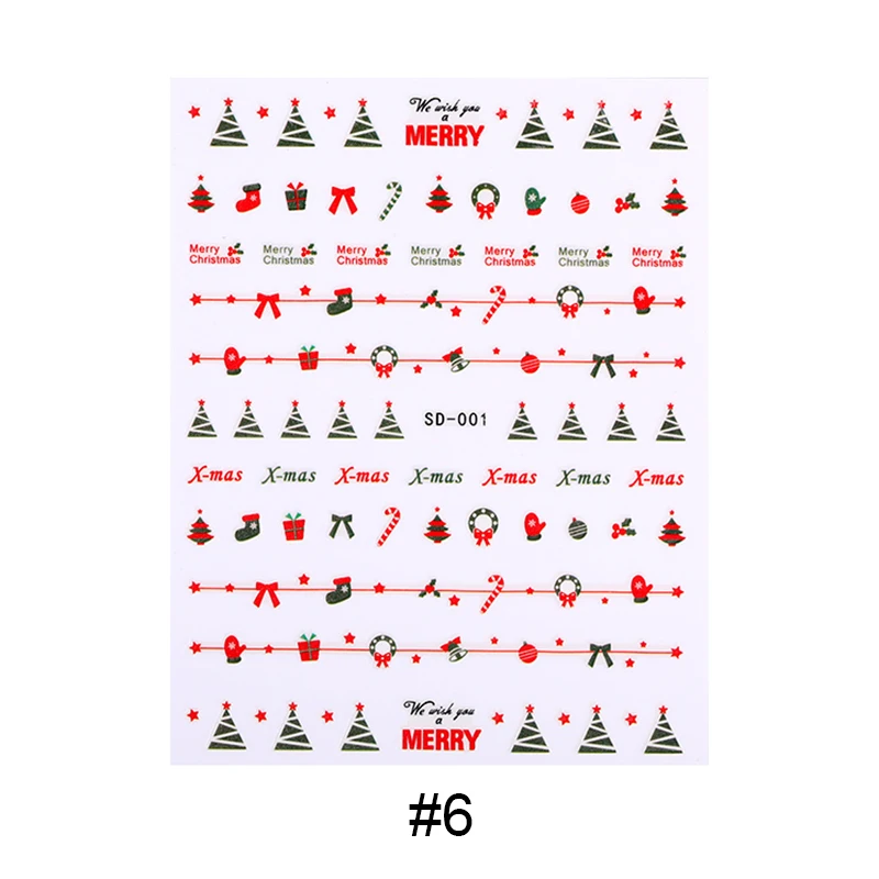 1 лист Рождество 3D наклейки для ногтей s Санта Клаус Снеговик носок шаблон переводная наклейка бумага дизайн ногтей украшения DIY дизайн - Цвет: 6