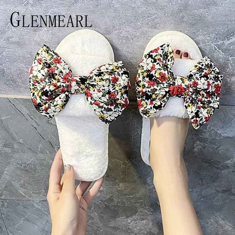 Женские меховые шлепанцы зимняя домашняя обувь с бантом Милая для девочек теплые