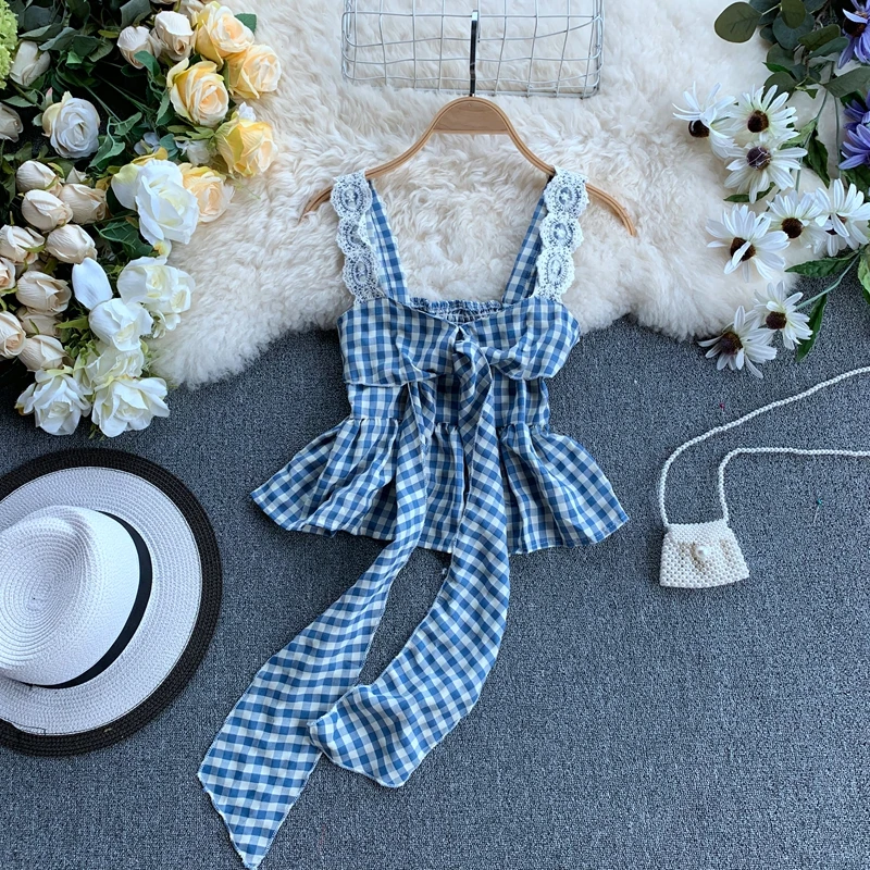

Women's Vintage Short Blouse Bandage Bow Plaid Autumn Shirts Drawstring sling Chic Shirt Female Woman Tops SP620