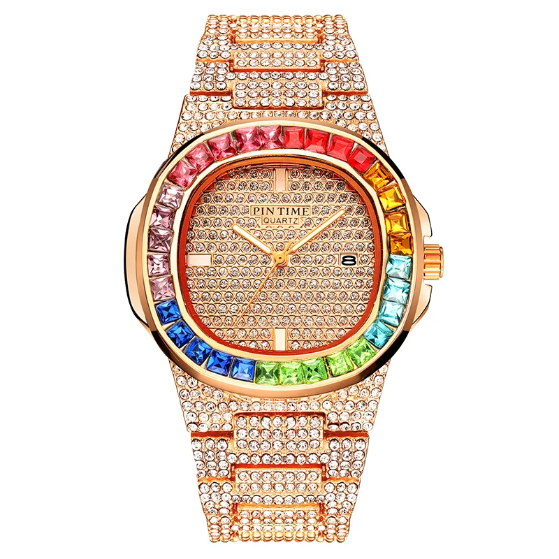 Дропшиппинг Iced Out часы для мужчин хип-хоп алмаз золото мужские s часы лучший бренд класса люкс кварцевые часы с календарем Мужские часы Relogio Masculino - Цвет: Rose Gold