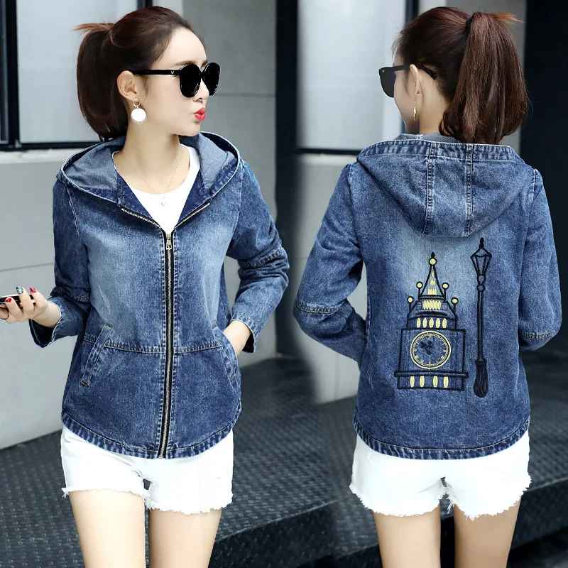 Autumn Winter Women Embroidery Jeans Jacket Korean Long Sleeves Hooded Zipper Denim Jacket Femlale Plus Size Windbreaker