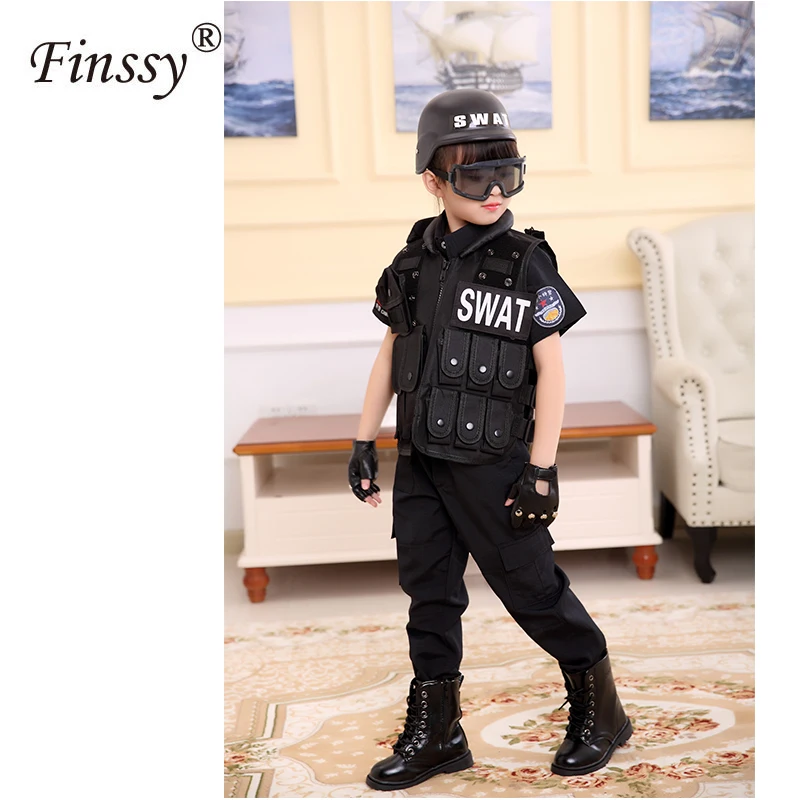Günstig Jungen Mädchen Spezielle Polizei Kleidung Polizisten Uniform Kinder Geburtstag Weihnachten Geschenk Cosplay Kostüm Kinder SWAT Armee Leistung