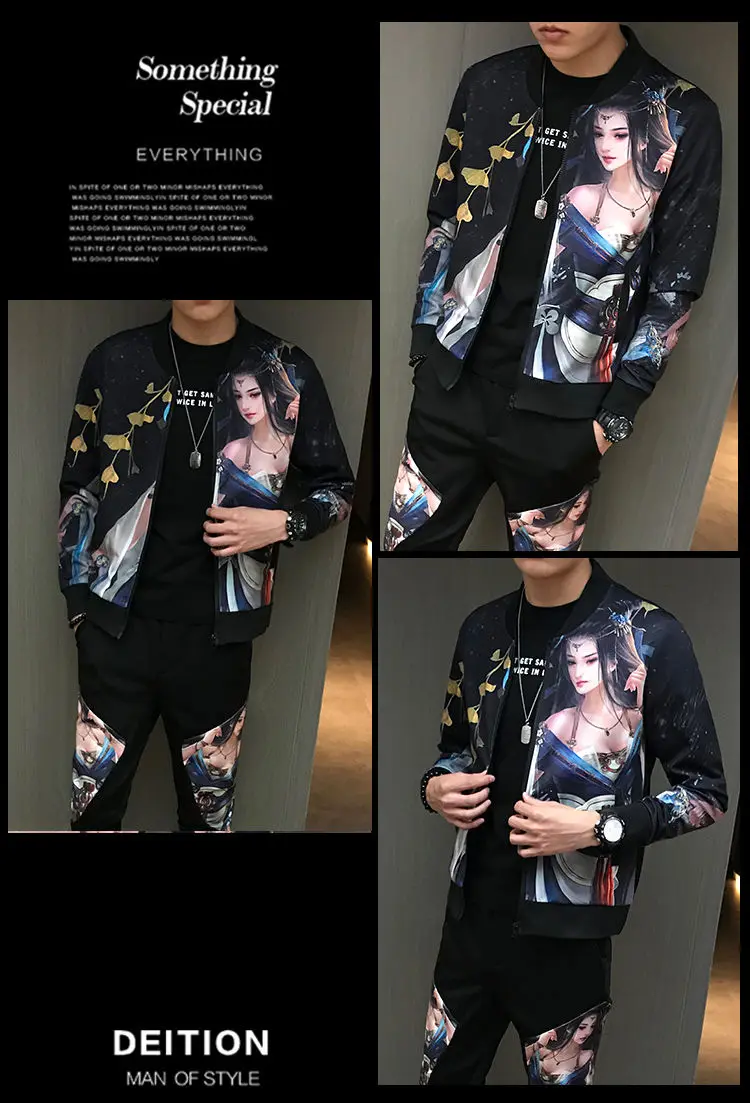 Society Trend Slim Fit Mens Set Coat Zipper Autumn Sportswear Print Casual Tracksuit Man Sweatshirt Man Jacket Plus Velvet