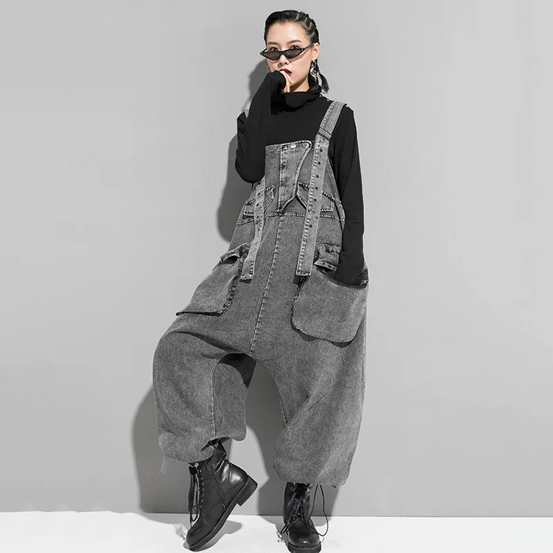 [EAM] High Waist Black Pocket Split Denim Overalls Trousers New Loose Fit Pants Women Fashion Tide Spring Autumn 1K164