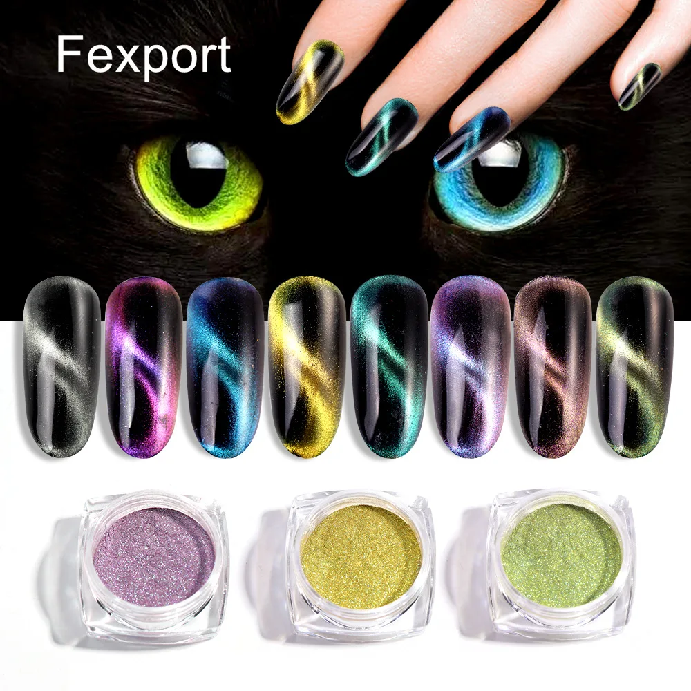 Fexport для УФ гель лак для ногтей порошок эффект кошачьих глаз пыли Магнитный зеркало пайетками ногтей Порошковые блестки пигмент для ногтей с кисточкой