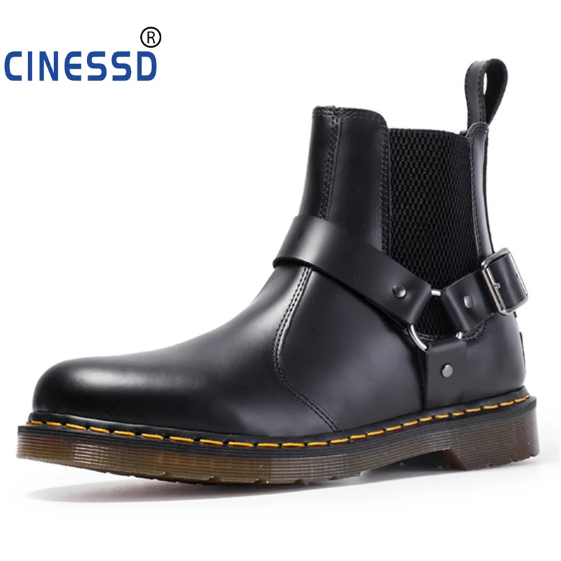 

Genuine Leather Chelsea Cowhide Boots British Style Men's Martin Boots Lovers Elastic Band Ankle Boots Suede Buckle Boots