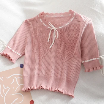 

2020 Summer Thin Sweater Hipster Sweet Bow Tie Short Sleeve Knitted Shirts Women
