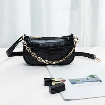 

Fashion Crocodile Pattern Solid Color Underarm Baguette bags Women PU Leather Chain Lady's Shoulder Messenger Bags Female