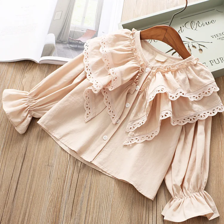 

2019 Spring New Style Korean-style Girls Double Layer Lace Ruffled Collar Long-sleeved Shirt Childrenswear