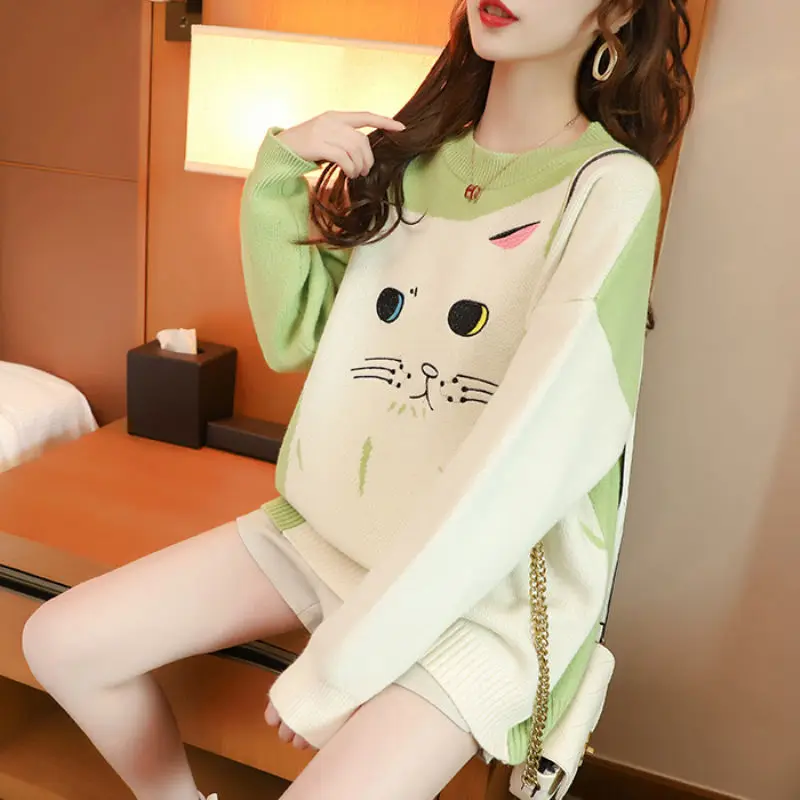 light green pullover Woherb, осенний и зимний свитер, женский свободный пуловер с длинным рукавом, новинка, вышитый Кот, вязанные топы, милые свитера, джемпер - Цвет: light green pullover