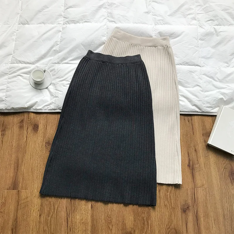 Rajutan rok wanita musim gugur dan musim dingin baru bagian panjang paket pinggul rok pingang tinggi warna solid