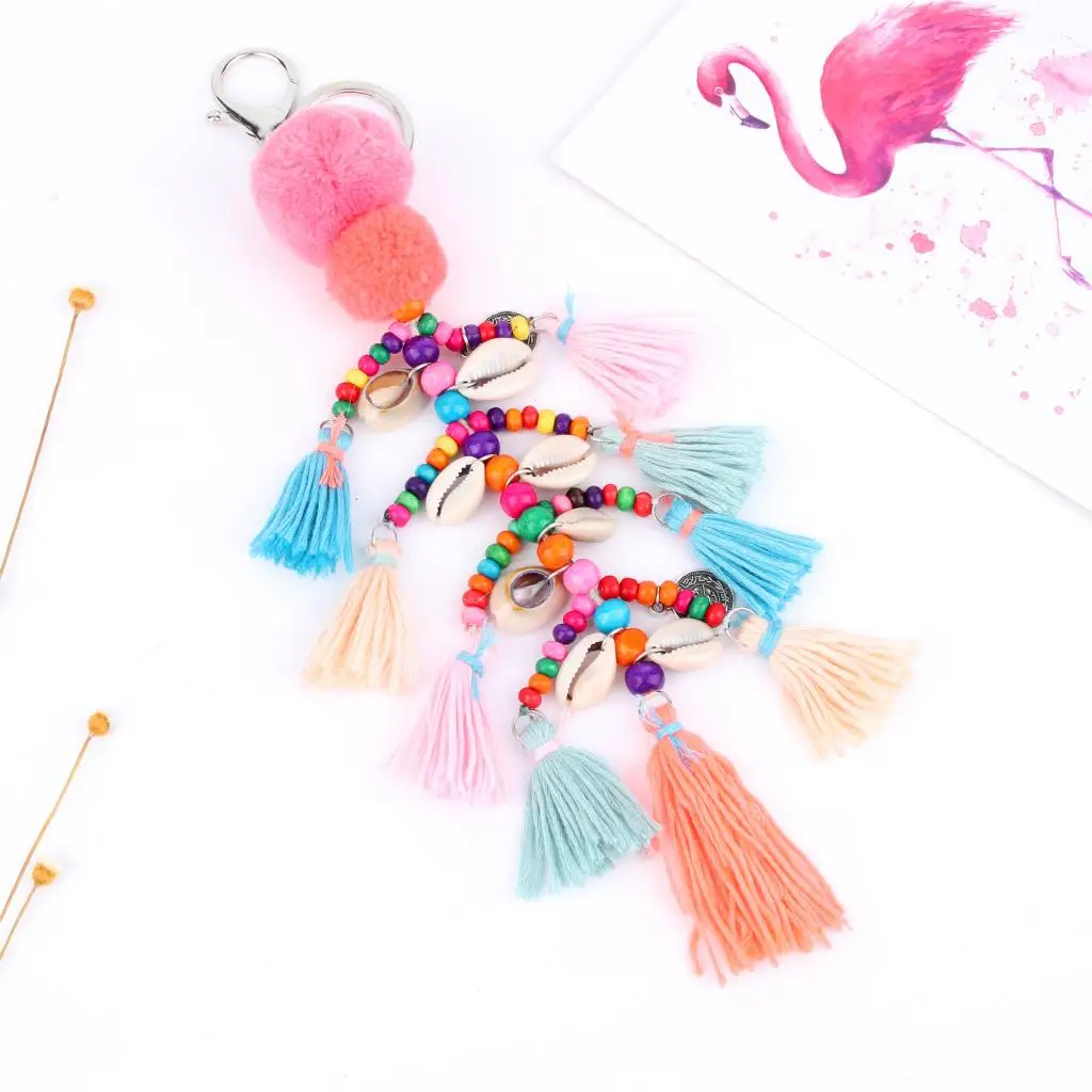 

1Pc Summer Style Colorful Thread Tassel Sea Shell Pendant Keyring PomPom Women Handbag Gift Jewelry Supplies E2745/E2746