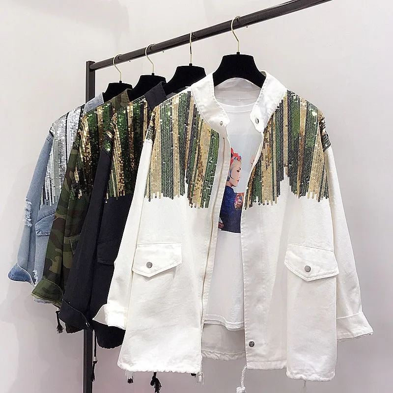 Promo  Boho Camouflage Jacket Women Sequins Shinny Lace Up Denim Coat Bomber Long Sleeve Coats