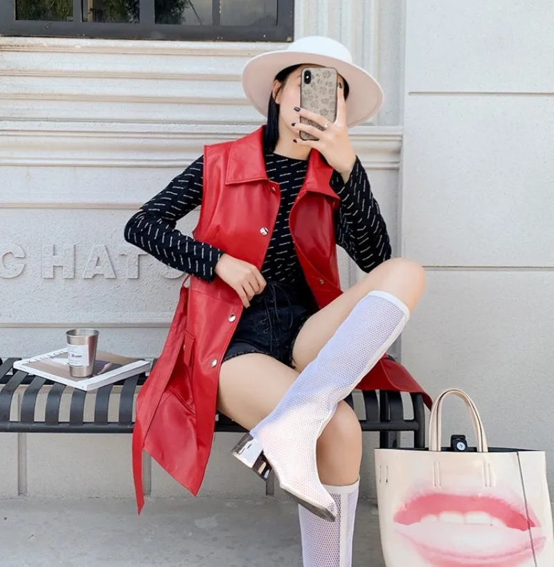 High Street натуральная кожа женские без рукавов Длинные куртки однобортный нагрудный ремень карманы размера плюс средней длины Жилеты