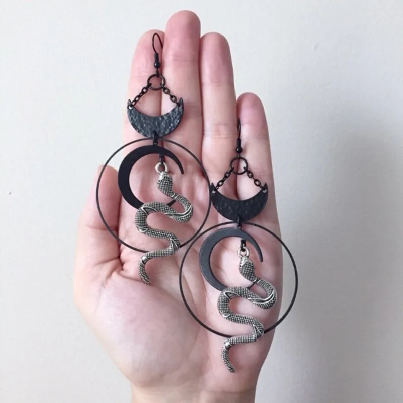 Harvest Ritual Moon Snake Earrings Jewelry Wicca Big Snake Pendant Women Gift Goth Statement Hallowee Grunge pendant earrings animal earrings
