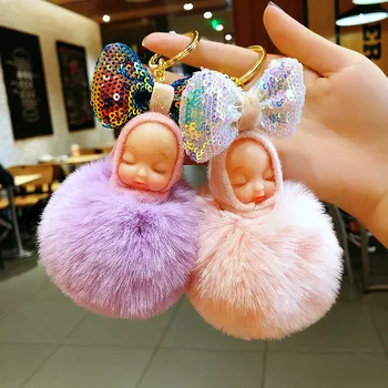 

Cartoon Cute Fluffy Sleeping Baby Keychain Pompom Faux Fur Ball Key Chain Car Keyring Women Key Holder Bag Pendant Charm Jeweler