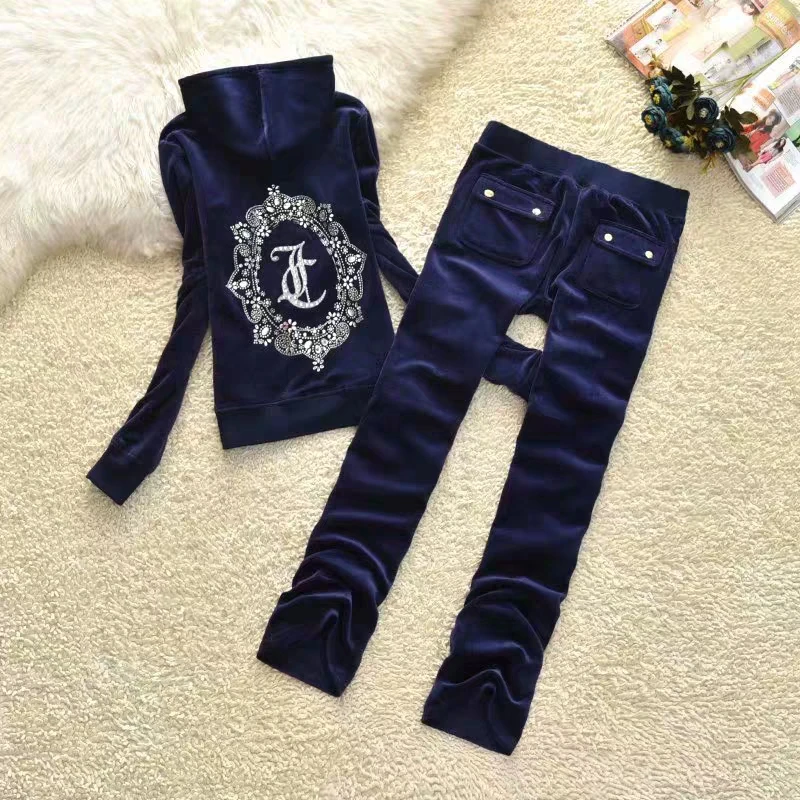 navy blue Весна/осень женские брендовые бархатные спортивные костюмы женский спортивный костюм толстовки и спортивные штаны - Цвет: navy blue