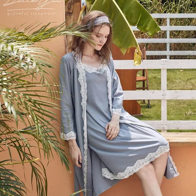 HaloSweet Cotton Women's Pajamas Robe Suit With Nightgown Louge Set Two Piece Night Sets Sleep Dressing Gowns And Robes Peniuar - Цвет: Blue