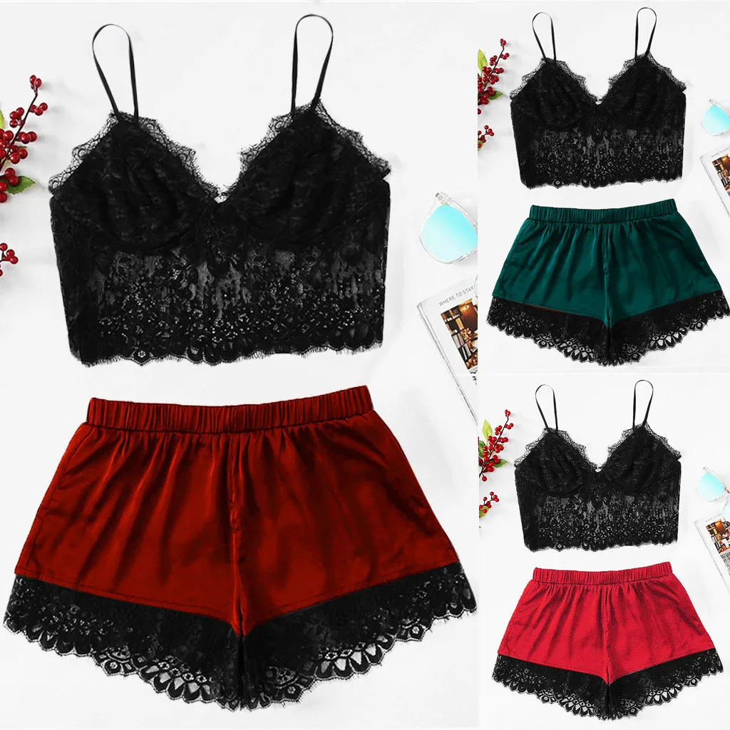 

Womens Sexy Plus Size Sling Sleepwear Lingerie Lace Patchwork Nightwear Underwear Set ensemble lingerie femme FJSL