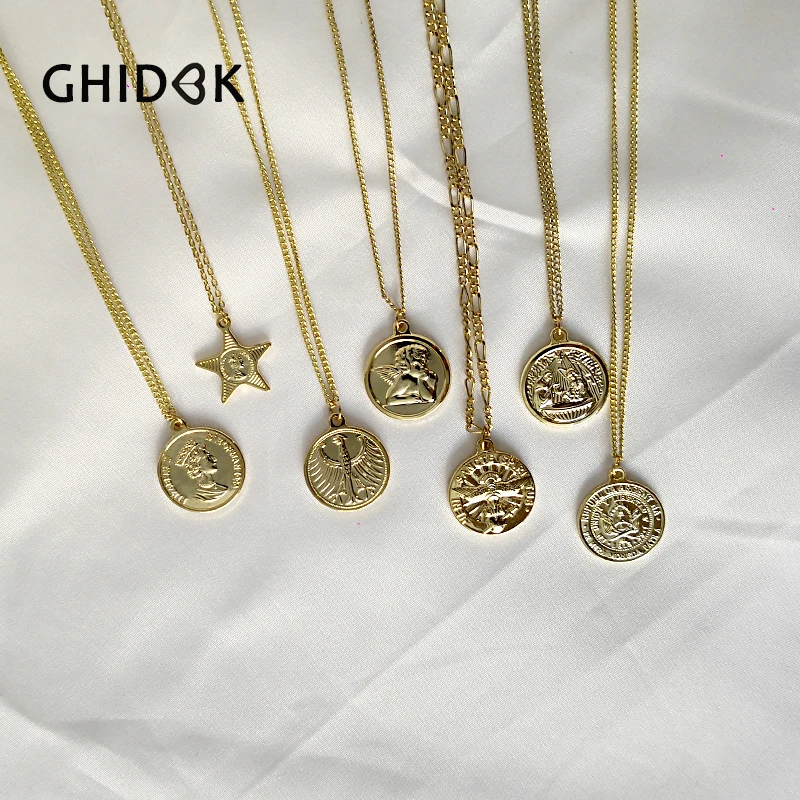 

GHIDBK Minimalist Star&Coin Pendant Necklaces 18mm Queen Elizabeth Medallion Necklace Classical Religious Angel Choker for Women