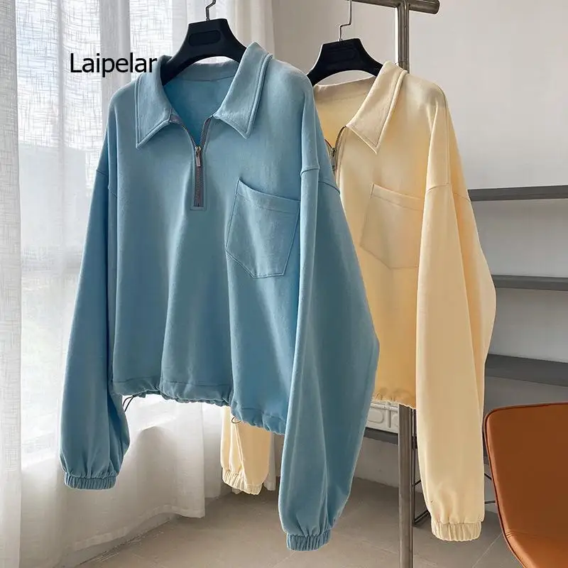 2021 autumn new half zipper lapel pullover sweater women's design sense loose bf waist waist top