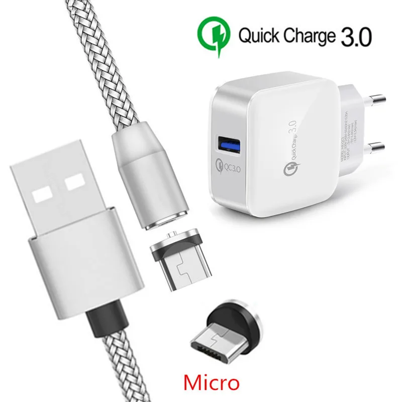 Магнитный Micro USB кабель для зарядки alcatel 1s QC 3,0 быстрое зарядное устройство для samsung A3 A5 J3 J7 A6 A7 huawei Y5 Y7 P Smart - Тип штекера: EU charger and cable