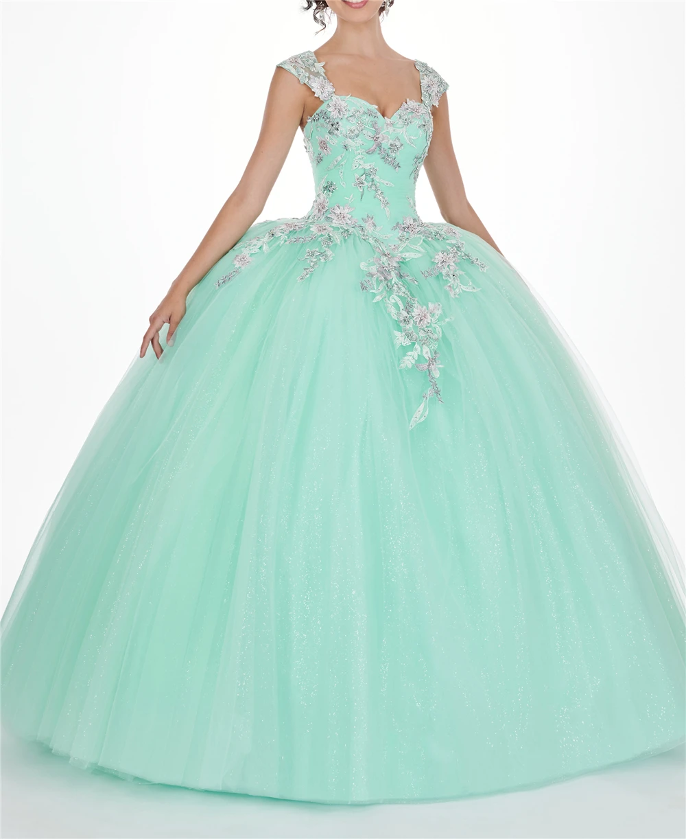 Небесно-голубое милое декольте оборки Vestidos Quinceanera 15 Anos Спагетти ремни Аппликации Полная Длина бальные платья
