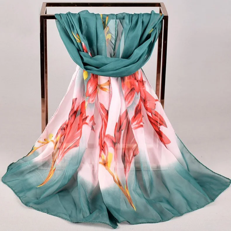 2020 FAL/WIN Gradient lily flower chiffon scarf silk square hijab cool shawl ladies foulard femme Scarves hair bufanda mujer |