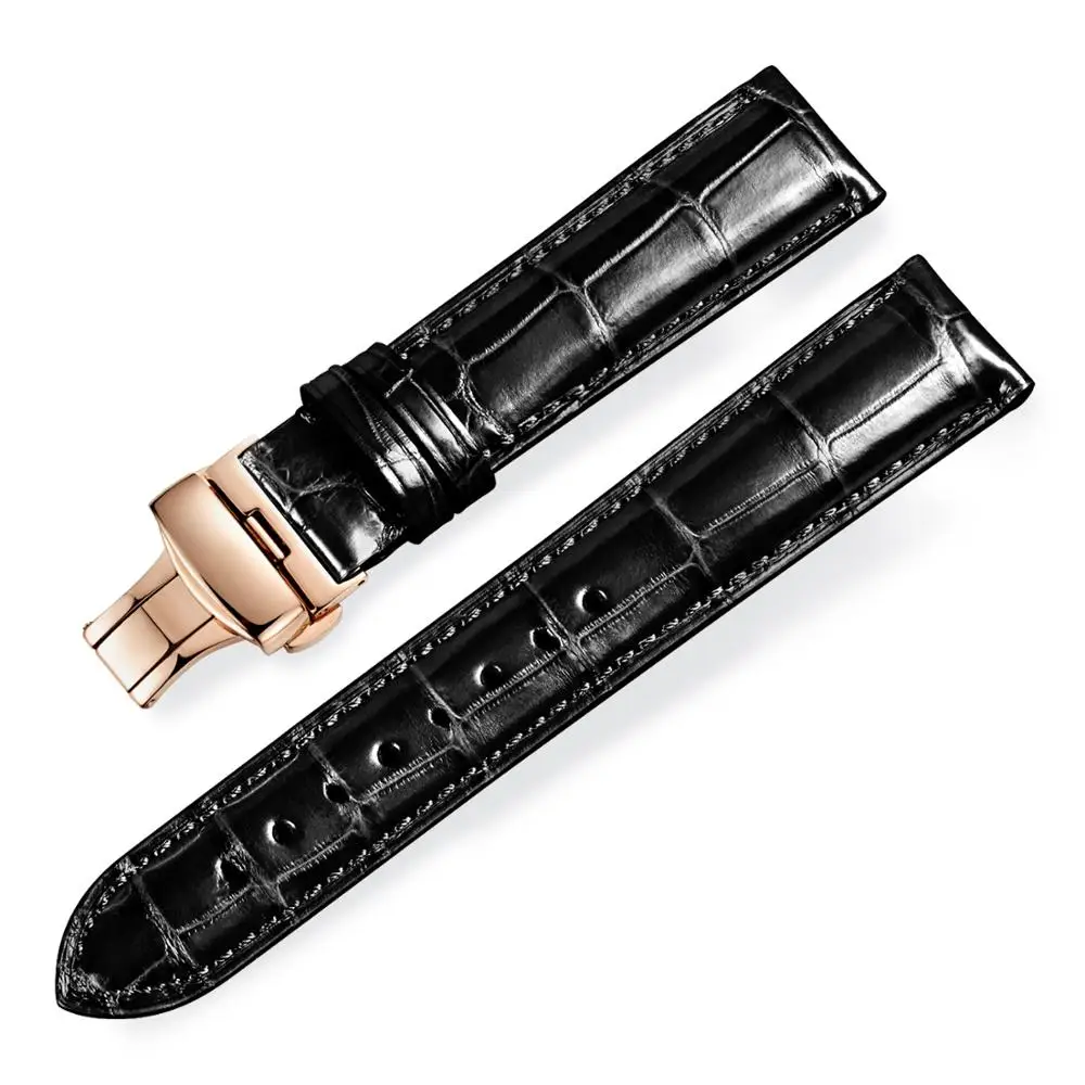 Black Rose Gold Крокодиловый ремешок для часов 18 мм, 19 мм, 20 мм, 21 мм, 22 мм, 23 мм, 24 мм, кожаный ремешок для часов, Аллигатор, бамбуковый ремешок с пряжкой-бабочкой - Цвет ремешка: Black Rose Gold