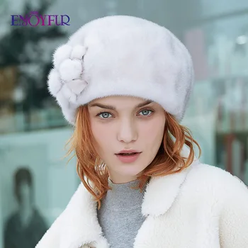 

ENJOYFUR Women whole mink fur winter hats real mink fur berets warm genuine fur caps with flower new brand female hat