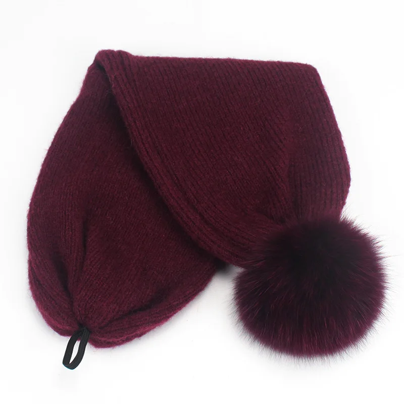 B Pom Pom Real Fur Hat Womens Beanie Hats Scarf Dual-purpose Hat Winter For Raccoon Fur Pompom Skullies Caps Female Striped hats - Цвет: B