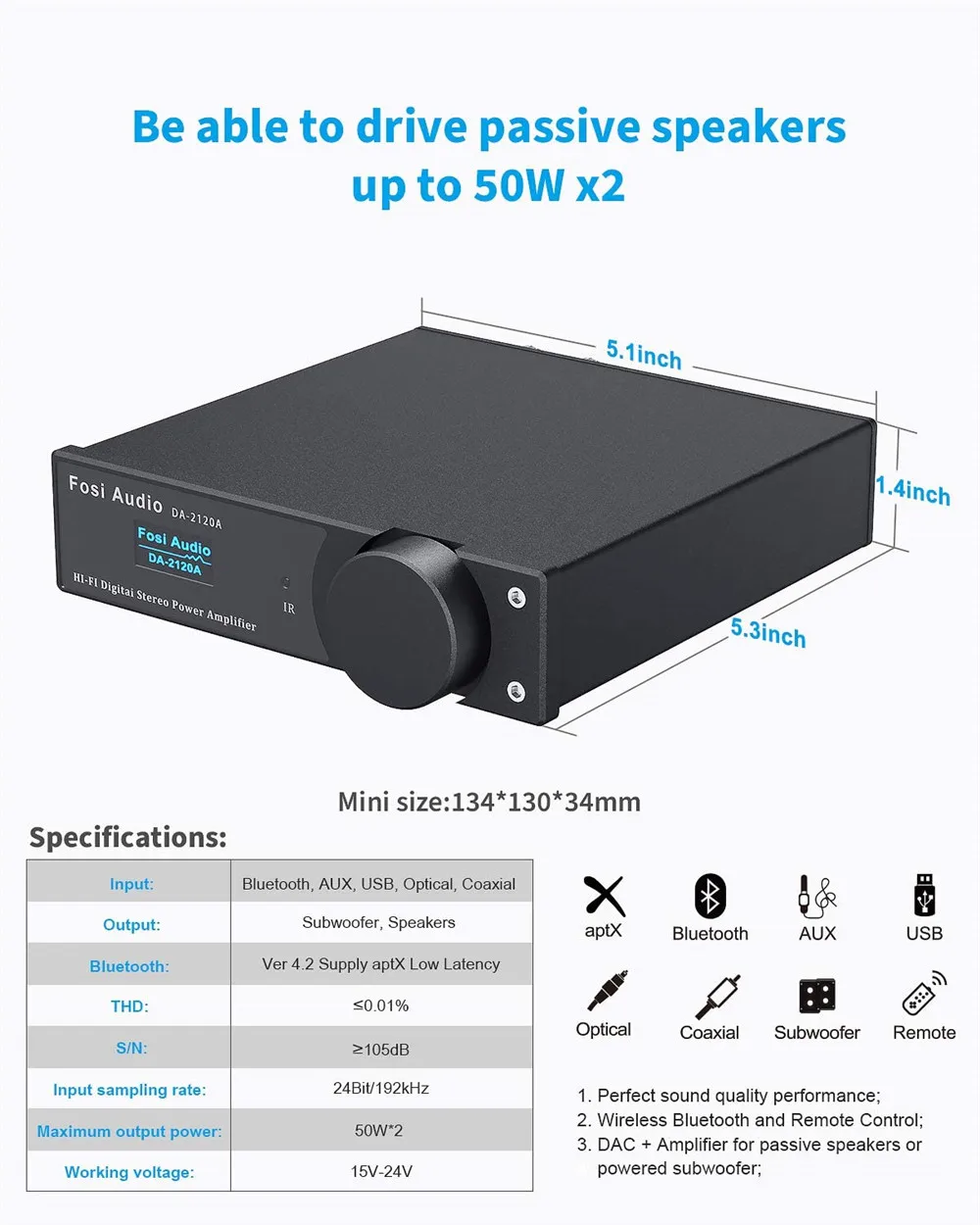 Estéreo de Áudio sem Fio Fosi Áudio Amplificador Bluetooth Amp Alta Fidelidade Classe d Power 50w x2 Alto-falantes & Subwoofer Ativo Da2120a - Image 5