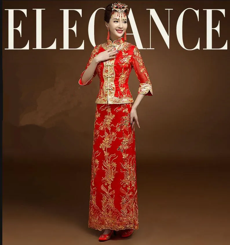 Высокое качество красное китайское свадебное платье женское Cheongsam Золотое